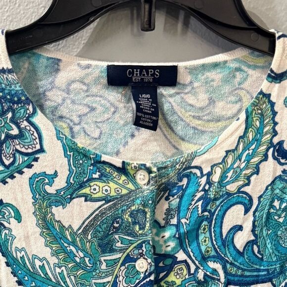 Chaps Paisley Button Down Cardigan Sweater Women's Large White Blue Green - Picture 7 of 7